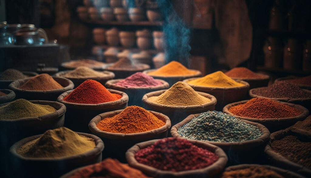 vibrant colors of spices in a row generated by ai